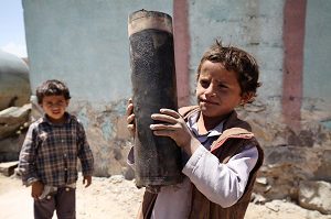 On 23 April, a boy holds a large piece of exploded artillery shell, which landed in the area during a blast, in the village of Al Mahjar, a suburb of Sanaa, the capital. Another boy stands nearby. By 12 May 2015 in Yemen, escalating conflict continued to exact a heavy toll on children and their families. Some 300,000 people have been internally displaced. Casualties have reached 1,527, including 115 children, and 6,266 people have been injured, including 172 children. Prior to the current crisis, 15.9 million people  including 7.9 million children  were already in need of humanitarian assistance. Despite the challenging operating conditions, UNICEF is scaling up its humanitarian response, including in the areas of nutrition, water, sanitation and hygiene (WASH), health, child protection and education. Support since the start of the current conflict has included providing access to clean water to 604,360 people and access to antenatal, delivery and postnatal care to 3,386 pregnant women; distributing hygiene kits to 16,662 families; and sharing educational messaging on health, hygiene and protection to 38,000 people. UNICEF has appealed for US$88.1 million to cover these and other responses through December 2015; 87 per cent remains unfunded to date.